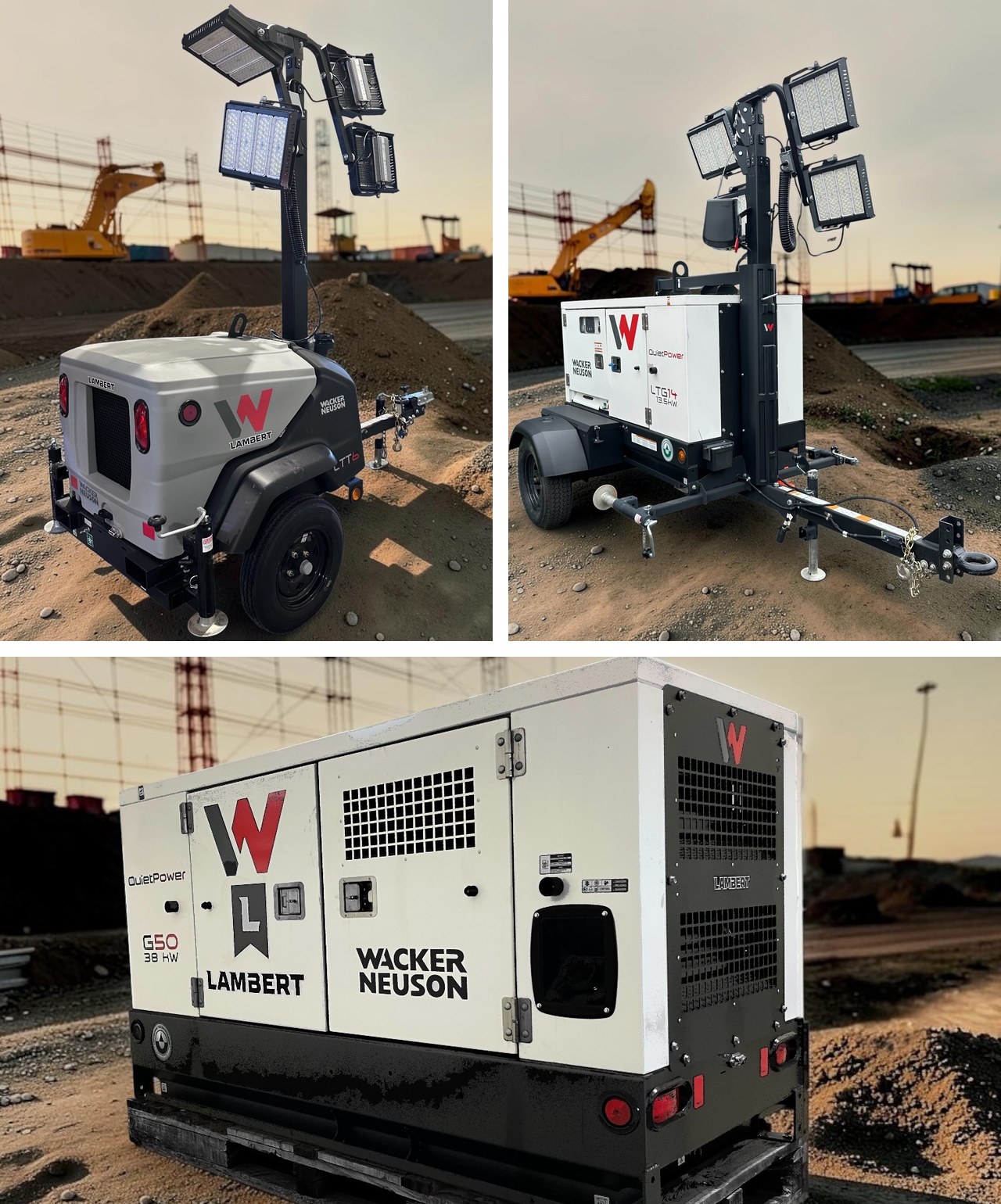 Équipements Wacker Neuson en inventaire chez Groupe Lambert : tours d'éclairage LED LTT6 et LTG14, génératrice mobile G50